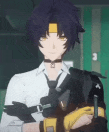 a man with purple hair and yellow eyes is wearing a white shirt , tie and yellow gloves .