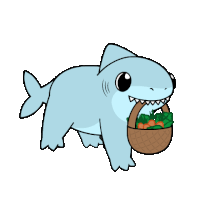 a cartoon shark is holding a basket of carrots