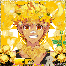 a picture of a boy with yellow flowers on his head making a heart shape