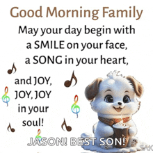 a picture of a dog holding a cup of coffee with a good morning family message on it