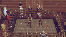 a group of people are standing in a room with snow falling on the floor