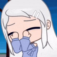 a girl with white hair is covering her face with her hands