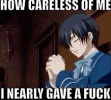 a man in a blue suit is praying with his eyes closed and says `` how careless of me i nearly gave a fuck ''