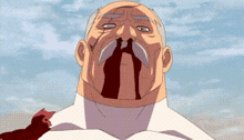 a man with a mustache is crying with blood coming out of his nose and mouth .