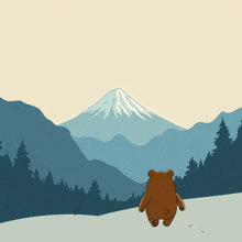 a bear is walking in front of a mountain with snow on it