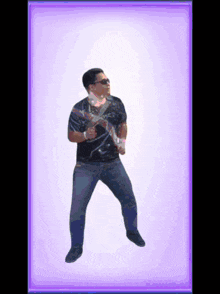 a man in a black shirt is dancing in front of a purple frame