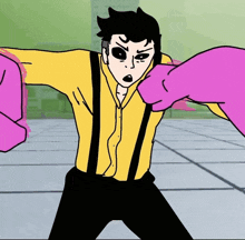a cartoon character in a yellow shirt and suspenders