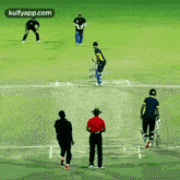 a group of cricket players are playing a game on a field