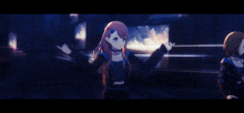 a girl with long red hair is standing in a dark room with a lot of windows