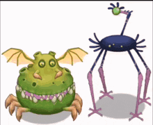 a cartoon drawing of a green monster and a blue monster