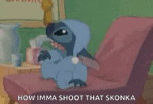 a cartoon character is sitting in a chair with the words `` how imma shoot that skonka '' written on the bottom .