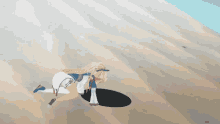a girl in a blue and white outfit is standing on a beach