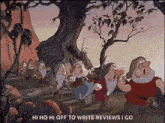 the seven dwarfs from snow white and the seven dwarfs are standing under a tree in the woods .