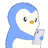 a blue and white penguin is holding a cellphone