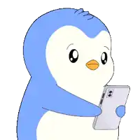 a blue and white penguin is holding a cellphone