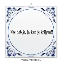 a blue and white tile with nee heb je ja kan je krijgen written on it