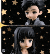 a boy and a girl are standing next to each other in front of a starry background
