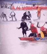 a group of people are in a boat that says ' honda ' on it
