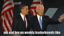 two men standing next to each other with the words me and bro on weekly leaderboards like on the bottom