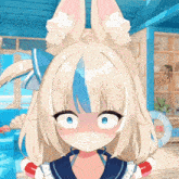 a blonde anime girl with a blue and white stripe on her hair