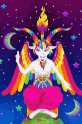a cartoon of a goat with rainbow horns and wings giving the middle finger