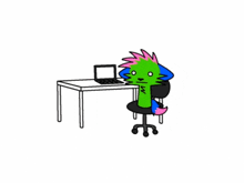 a cartoon of a person laying on the floor in front of a desk with a laptop on it .