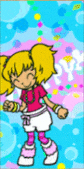 a girl in a pink shirt and white shorts is standing in front of a blue background with the word y on it
