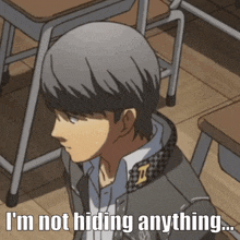 a cartoon of a boy with the words " i 'm not hiding anything "