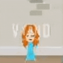 a pixel art illustration of a girl in a blue dress standing in front of a wall .