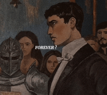 a man in a tuxedo is standing in front of a group of people with the words forever written on the bottom