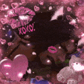 a woman wearing a hat that says xoxo is surrounded by pink hearts