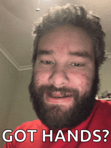 a man with a beard is wearing a red shirt and says got hands