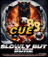 cue88 slowly but sure logo with a black cat and pool balls