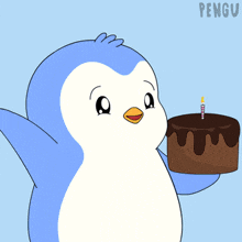 a penguin is holding a cake with a candle on it