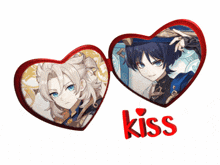 a couple of hearts with the word kiss in the middle