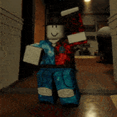 a roblox character in a hallway with a no refunds sign behind him