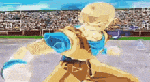 a cartoon character in a yellow and blue outfit is standing in front of a crowd .