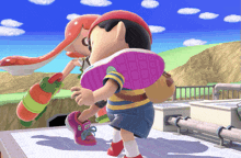 a couple of cartoon characters standing next to each other with one wearing pink shoes