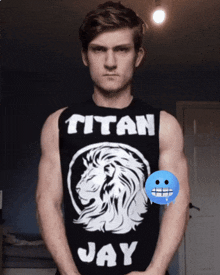 a man wearing a shirt that says titan jay on it