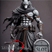 a statue of a wolf holding a sword next to a tombstone with slot written on it