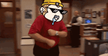a man wearing sunglasses and a hard hat is dancing in a room