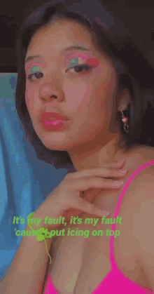a woman in a pink top has a quote that says that 's my bad that 's my bad