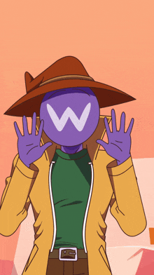 a cartoon character with a purple head and a white w on it