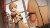 a girl in a yellow dress is standing next to a bird cage
