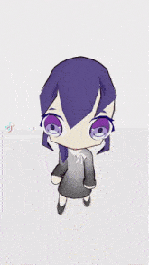 a tiktok video of a chibi girl with purple hair and blue eyes