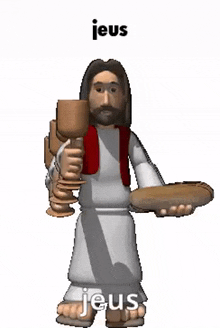 jesus is holding a stack of bread and wine glasses