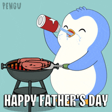 a happy father 's day greeting card with a penguin cooking