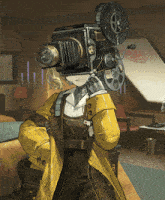 a woman in a yellow coat has a camera on her head that says ' fujinon ' on it