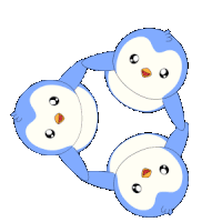 three blue and white penguins holding hands in a circle