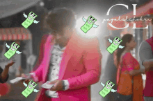 a man in a pink suit is surrounded by cartoon images of money with wings and faces